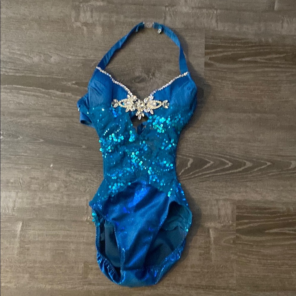 Electric Blue Dance Costume with Sequins and Halter Neck